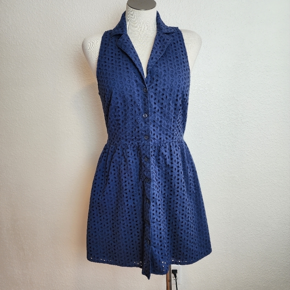 Black Poopy Navy Blue Eyelet Button Front Fully Lined Women's Dress Size L